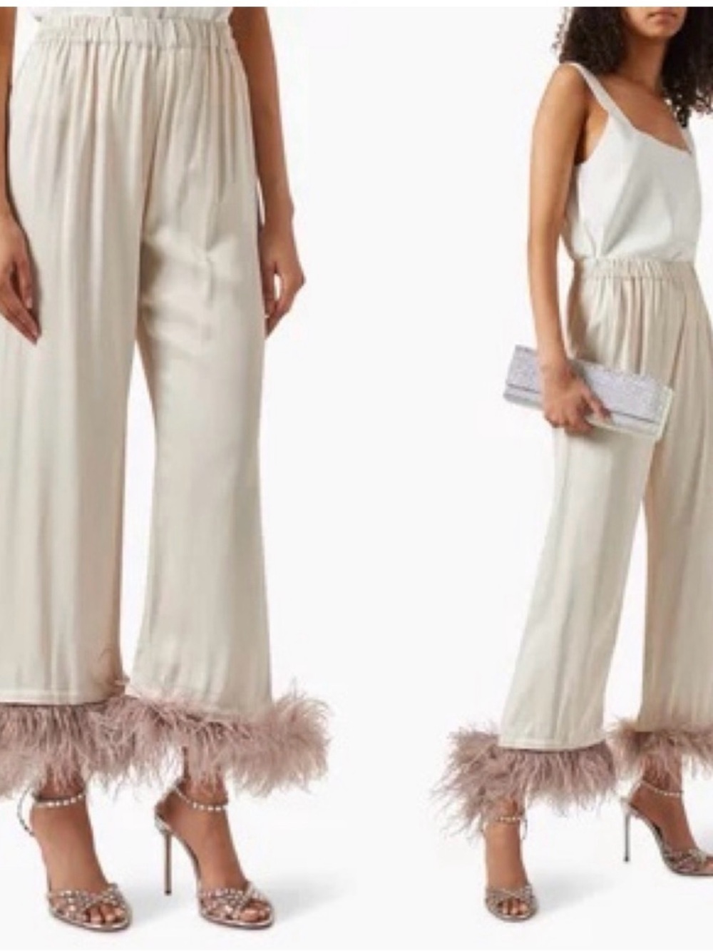 SLEEPER NWT Party Removable Feather-trimmed Pajama Pants in Beige